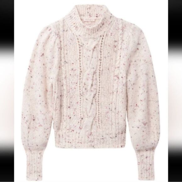 Rebecca Taylor Merino Wool Pink Confetti TWEED CABLEKnit XS Cream Sweater - Picture 1 of 10